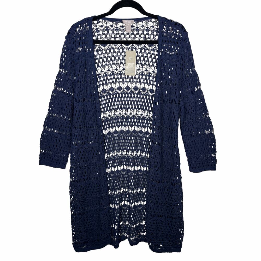 Chicos Crissy Crochet Cardigan Womens Large (2) Midnight Blue Longline Open Knit